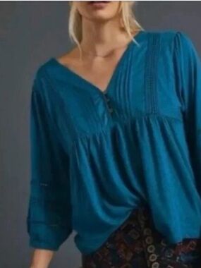 ANTHROPOLOGIE Kaye Pintuck Babydoll in Tee in Teal Blue Size XS